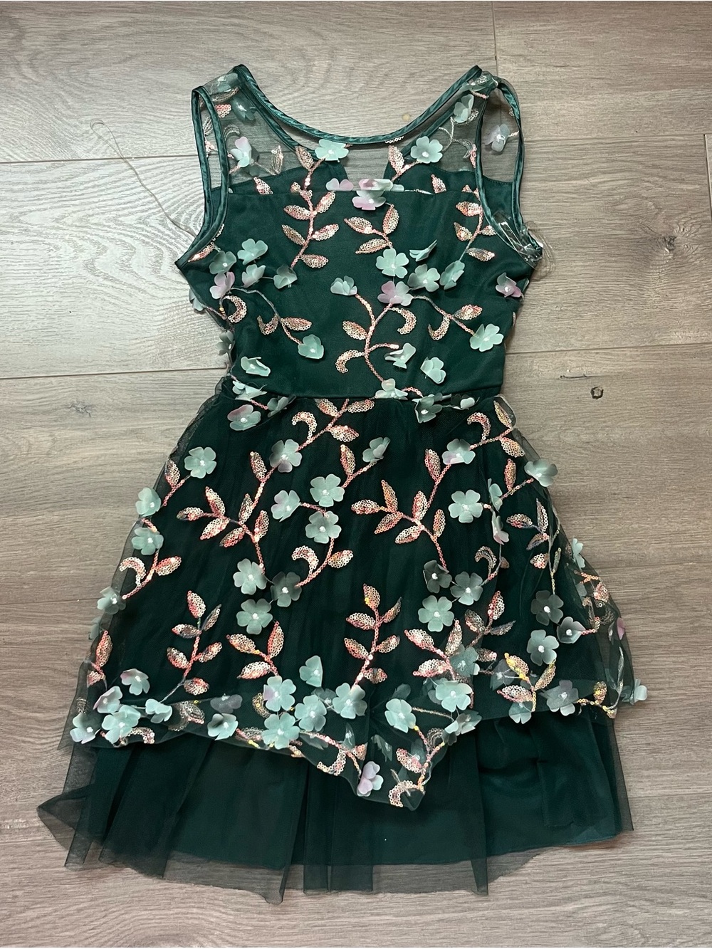 Speechless Dark Green Floral Appliqué Tulle Party Dress